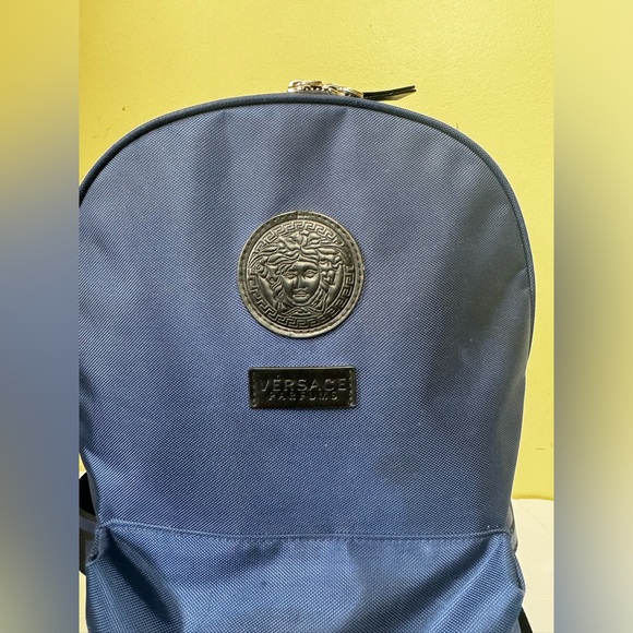 Versace Parfums Dylan Nylon Blue Backpack Bag Travel Logo Medusa Zip Lightweight - Picture 8 of 16